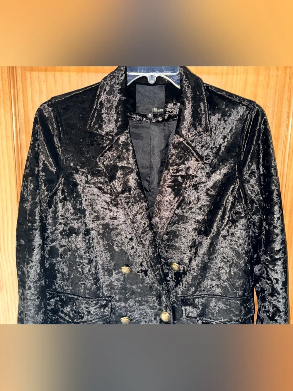 Fate Women’s Double-Breasted Black Crushed Velvet Trench Coat-M-EC
